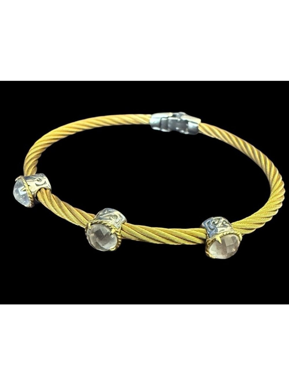 ALOR 18K Gold Yellow Stainless Steel Cable Bracelet Faceted Topaz Station